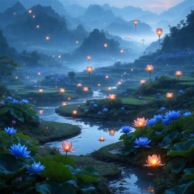 The primary subject of the image is a beautiful garden with a river flowing through it. The garden is filled with various flowers, including blue flowers, and is illuminated by a multitude of lights, creating a serene and magical atmosphere. The setting is a lush green field with a mountainous backdrop, adding to the picturesque scenery. The visual style of the image is a combination of photo and digital art, resulting in a stunning and captivating display. The colors and mood of the image are pre